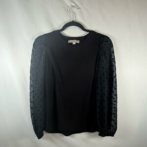 LOFT Black Blouse with Sheer Polka Dot Sleeves